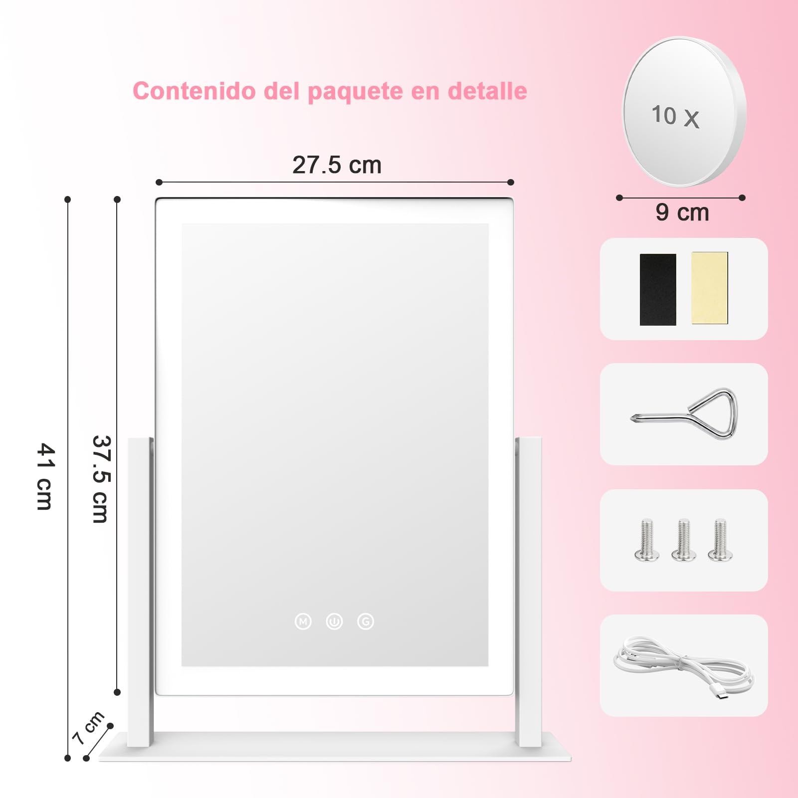 AIMAX Espejo Maquillaje con luz, 27,5 x 37,5 cm, rotación de 360°, Espejo cosmético con LED, 3 Modos de luz y Regulable, Control táctil, Espejo de Mesa para el tocador, para Maquillaje