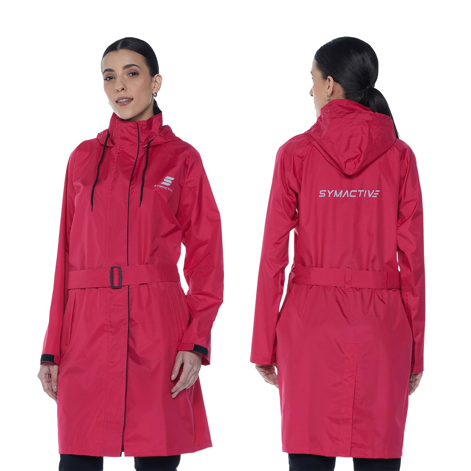 Amazon Brand - Symactive Rain Coat for Women | Waterproof Polyester with PVC Coating | Hooded Long Coat with Belt | Seam Sealed | Reflective Branding | Pink & Black, M-image-33
