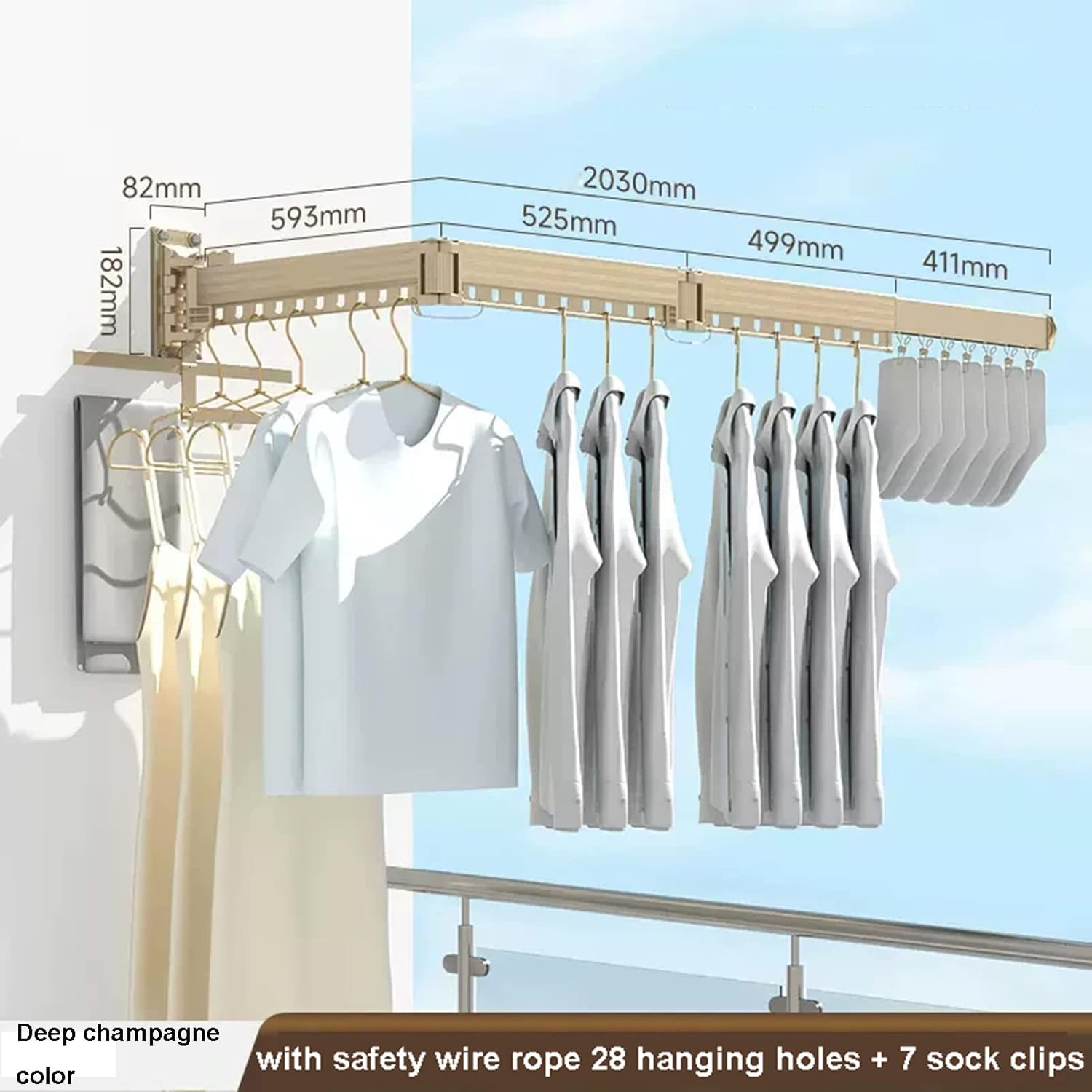 Clothes Drying Rack,Laundry Drying Rack Wall Mount, Space Saver Clothes Rack,Retractable,Collapsible, for Balcony,Laundry,Bathroom,Patio and Bedroom,Gold,203cm/80inch