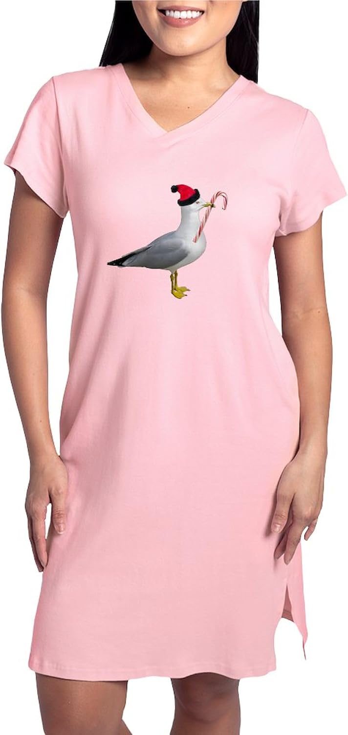 CafePress Santa Seagull Women's Nightshirt, Soft Long Pajama Shirt, Cotton PJs/Pyjamas Pink