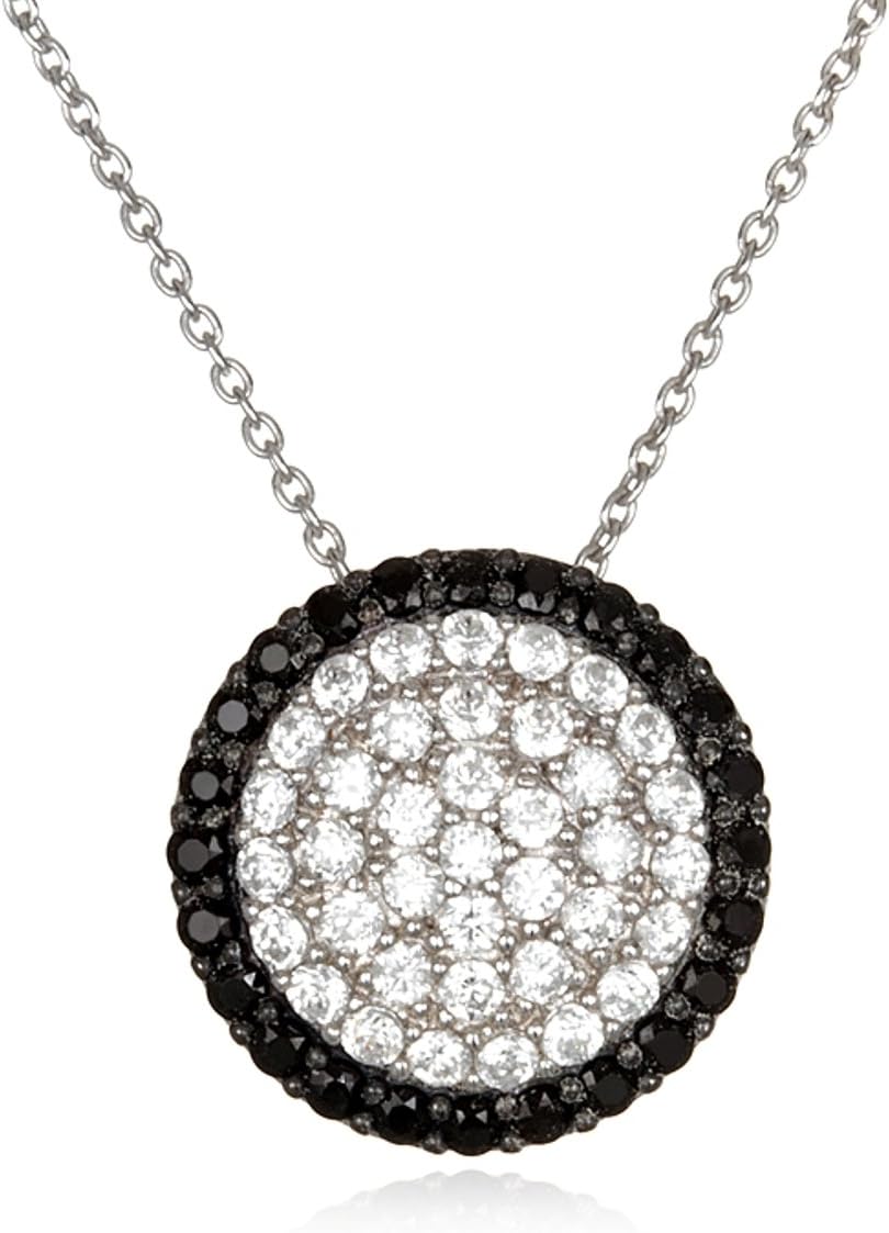 Black and White Rhodium Plate Silver White and Black Cz Disk Pendant-18"