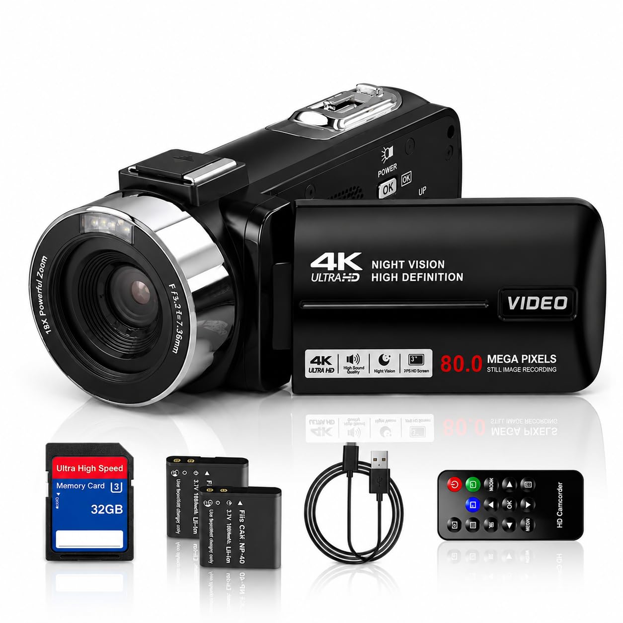 Caméscope 4K - Caméra vidéo 30 fps 80 MP 18 x zoom numérique IR vision nocturne caméra vlogging écran IPS 3,0" YouTube avec carte SD 32 Go, télécommande et 2 piles