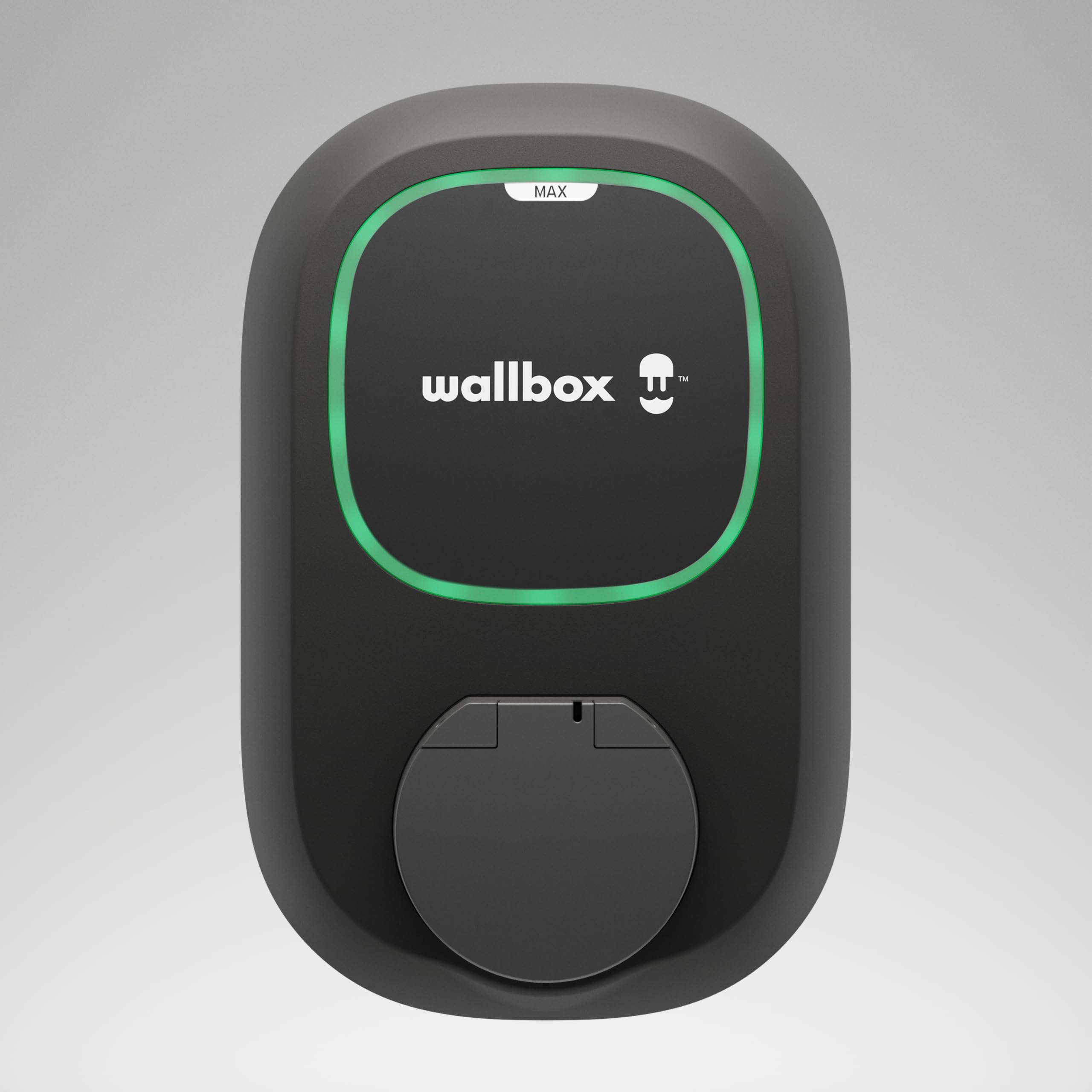 Wallbox Pulsar Max Electric Vehicle Charger, 7.4kW, Type 2, Wi-Fi, Bluetooth, OCPP, Earthing Protection, Socket (with shutter), Easy-to-Install Design, Compatible with Google Home and Alexa, Black.