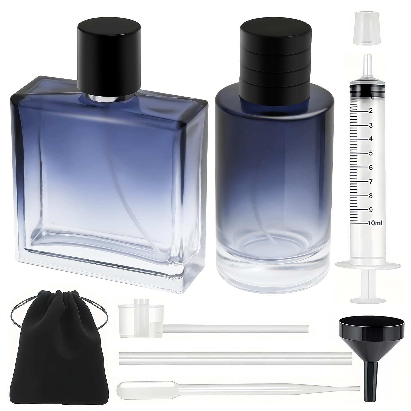 Gradient Blue Glas Perfumy Flakon puste 100 ml, aksamitna torba, okrągłe i kwadratowe, puste opakowanie 100 ml, duża pojemność, do podróży, perfum, alkoholu, do napełniania, wielokrotnego