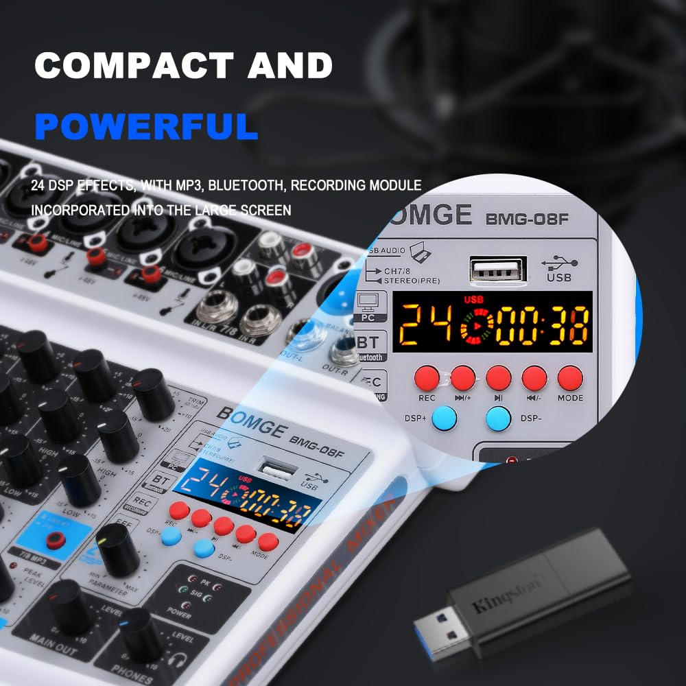 BOMGE 8 channel mini audio mixer Line Mixer ，DC 5V，with MP3 Player,Bluetooth, U disk 48V,24DSP effects, USB recording Ideal for Small Clubs or Bars, Studio Recording (8 channels-WHITE)