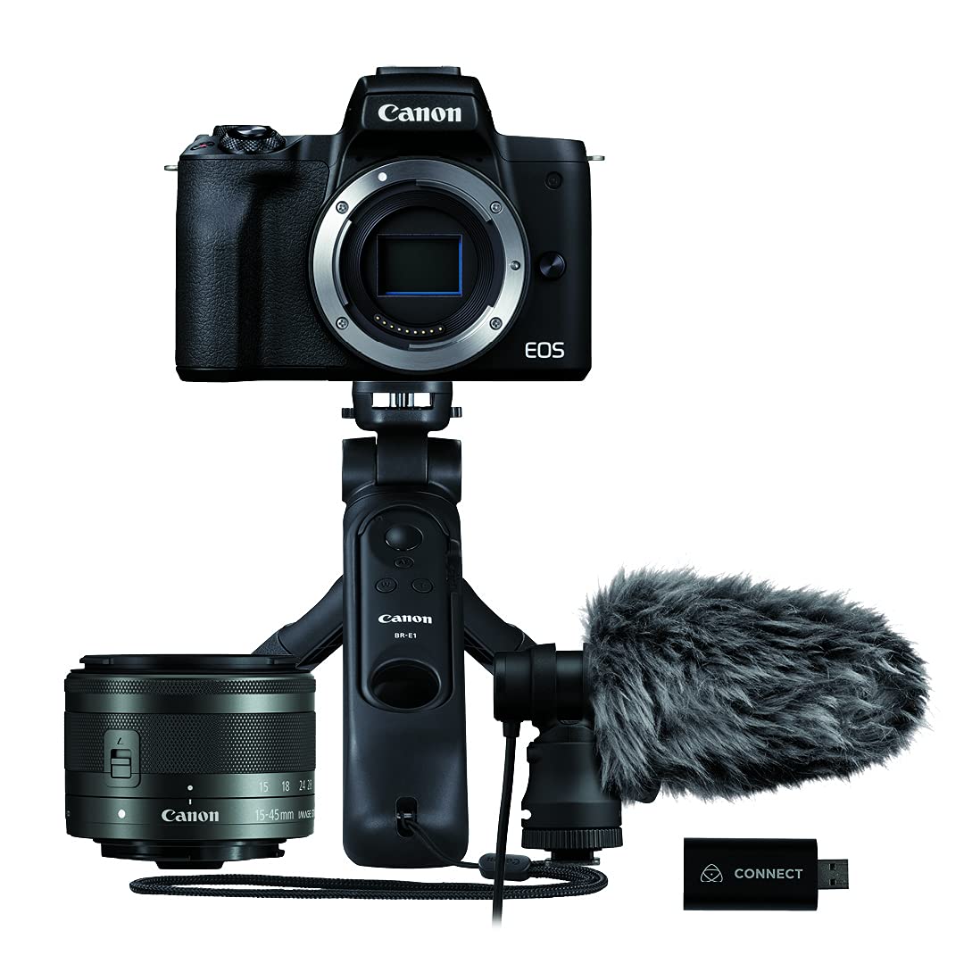 Canon EOS M50 Mark II Essential Streaming Kit camera+lens EF-M 15-45mm F3.5-5.6 is STM+stereo microphone+grip tripod+Atomos Connect 4K video stream (24.1 MP,touch LCD,Bluetooth)-Black-Amazon Exclusive