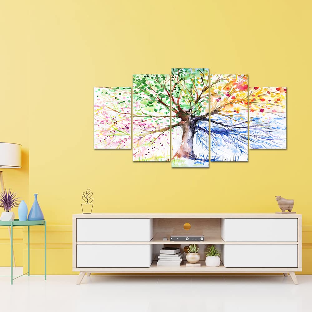 PoGoXiPoYo 5 Panel 4 Seasons Tree of Life Canvas Wall Art Colorful Lucky Tree Modern Abstract Oil Painting Picture for Living Room Bedroom Office Home Decor