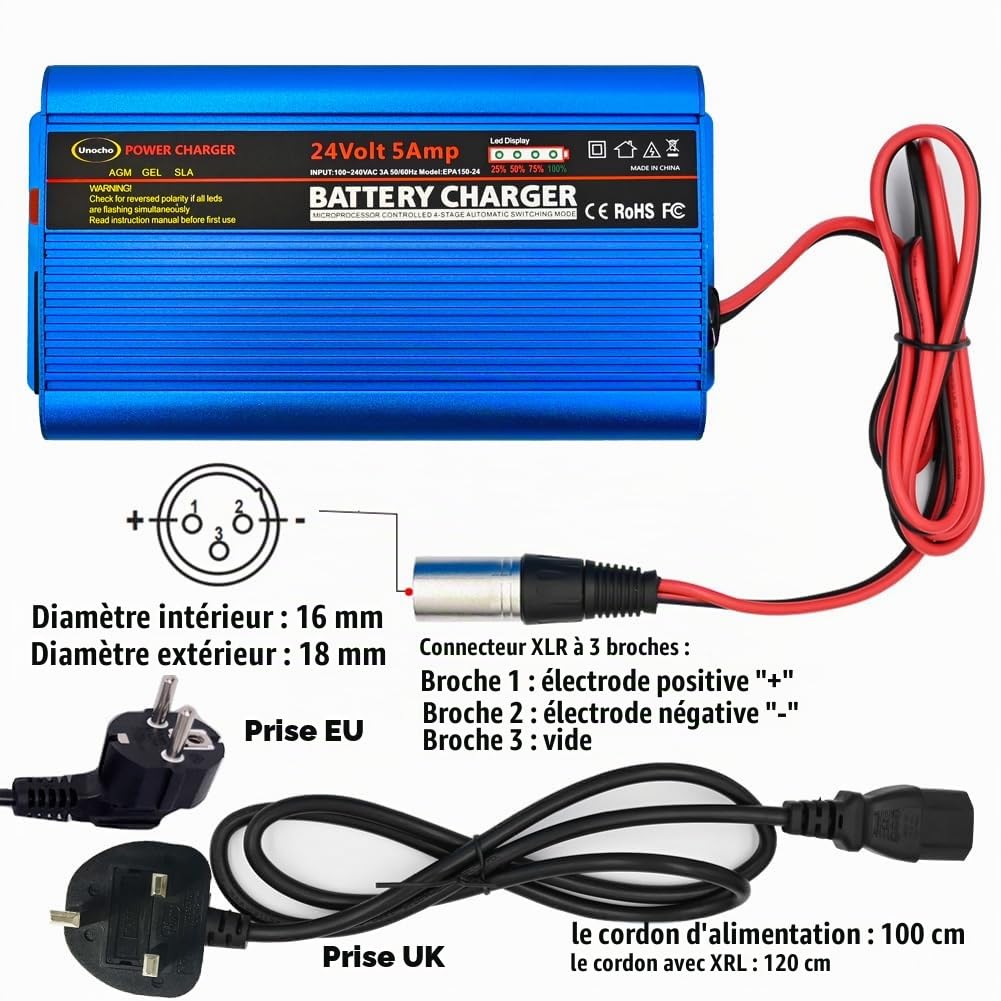 Unocho Chargeur Batterie 24V 5A Chargeur Mainteneur Plomb-Acide 4 Étapes avec XLR 3 Broches et LED pour Fauteuil Roulant Scooter Mobilité, AGM Gel SLA VRLA Wet