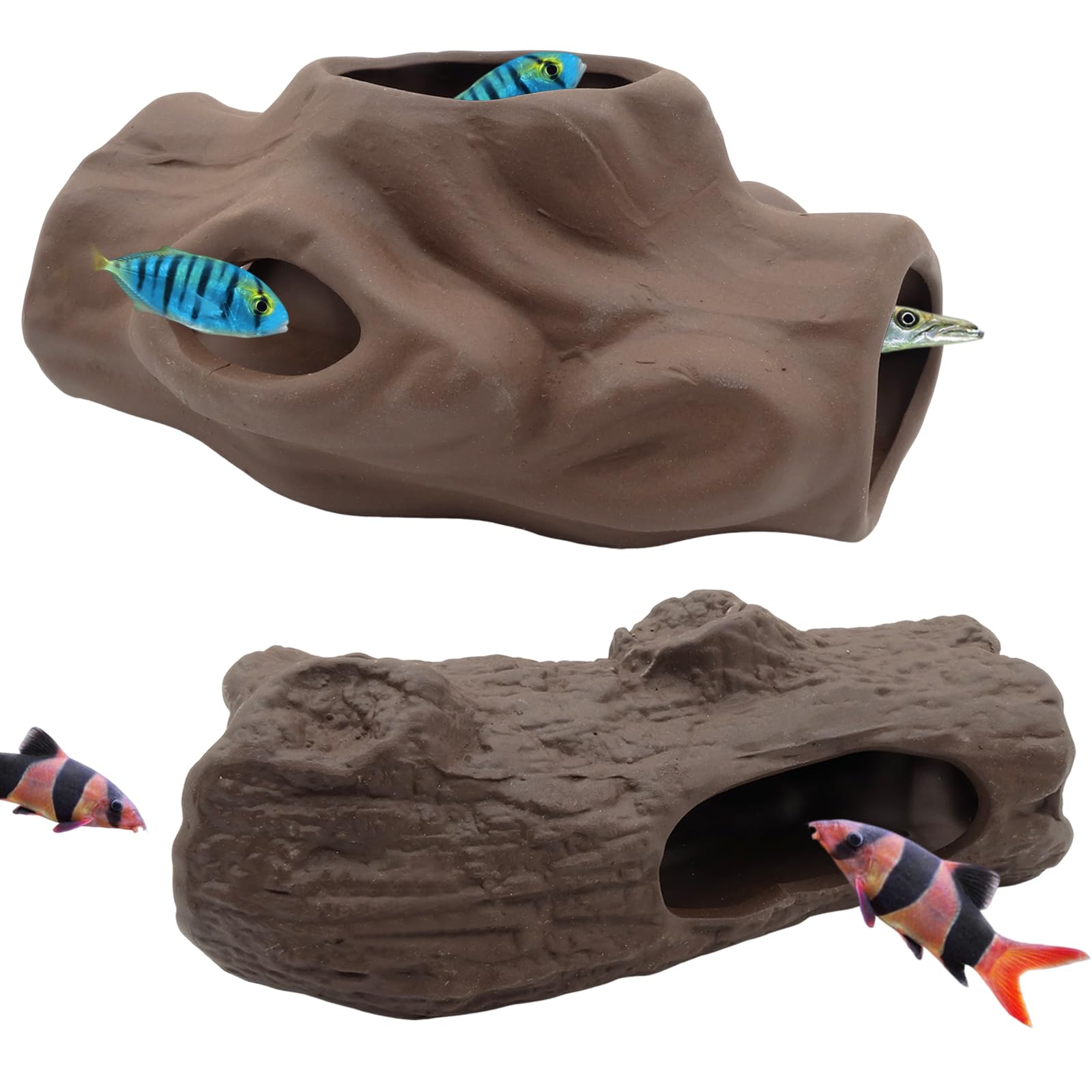Molyorch 2 Piezas Cueva Mascotas Acuáticas, Decoración Acuario Cerámica Temáticos, Decoración Cerámica Pecera, para Pecera, Decoración del Acuario, Adornos de Paisaje (Forma Madera)
