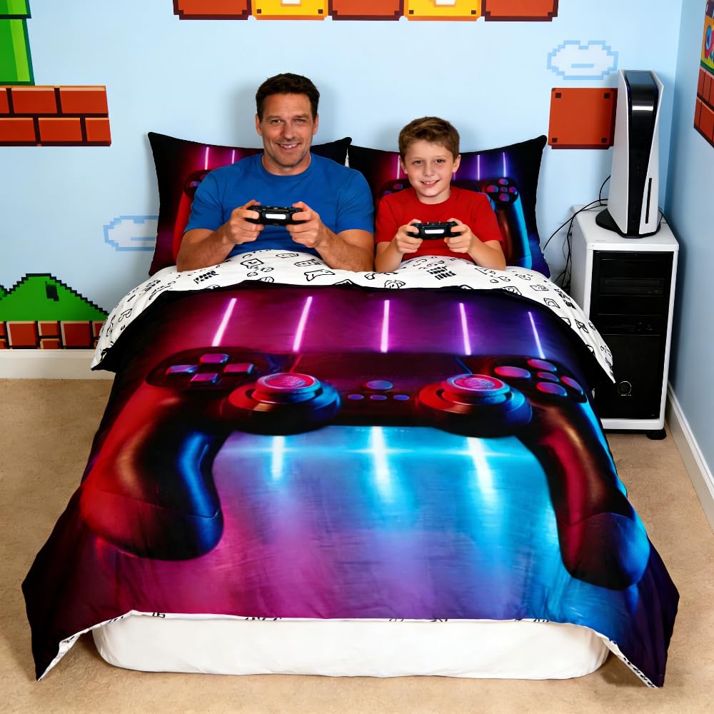 Homemissing Gamer Bedding Set Console Video Game Duvet Cover Set for Kids Boys Teens Gradient Neon Comforter Cover Gamer Controller Quilt Cover 2Pcs Single Size,Zipper