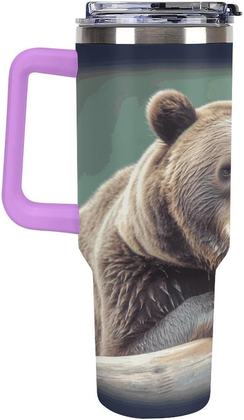 40 Oz Insulated Mug with Handle, Stainless Steel Grizzly Bear Printed Travel Mug Portable Leak-proof Large Car Mug for Home, Office Or Car
