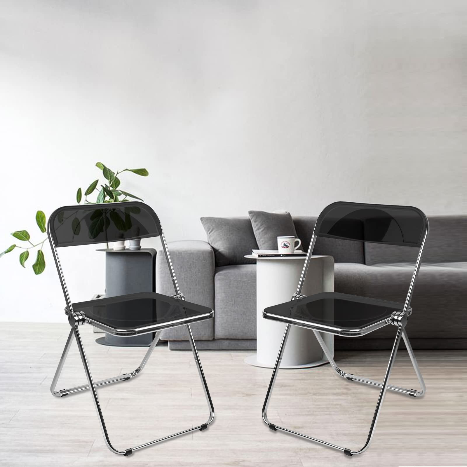 Juego de 2 sillas de comedor, sillas plegables apilables, acrílicas, sillas plegables de cocina con estructura de metal, sillas de comedor modernas, cómodas sillas de comedor (negro, 2 unidades)