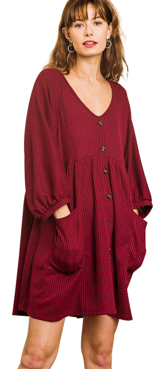 Umgee Women's Waffle Knit 3/4 Sleeve Babydoll Dress
