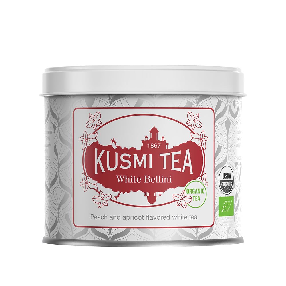 Kusmi Tea White Bellini Té Blanco Orgánico Melocotón Albaricoque Lata 90g 50 tazas