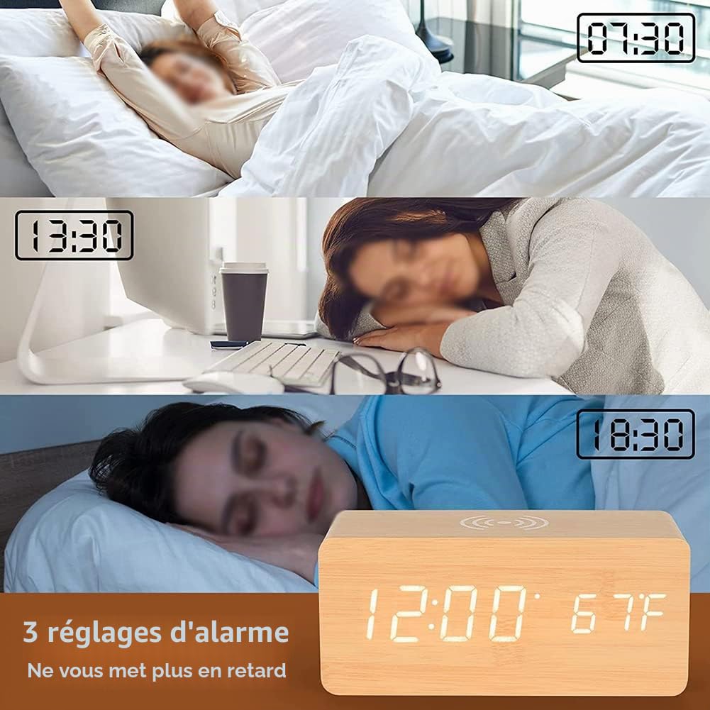 SPORTARC Réveil sans fil avec affichage LED à intensité variable – Double réveil silencieux avec chargeur USB