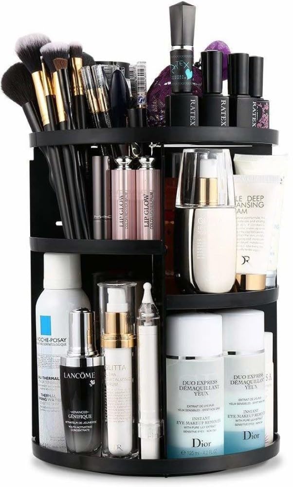 U-MAX 360-Degree Rotating Makeup Organiser, Clear Acrylic Cosmetic Storage Display Stand, Multi-Level Beauty Products Holder (Black)