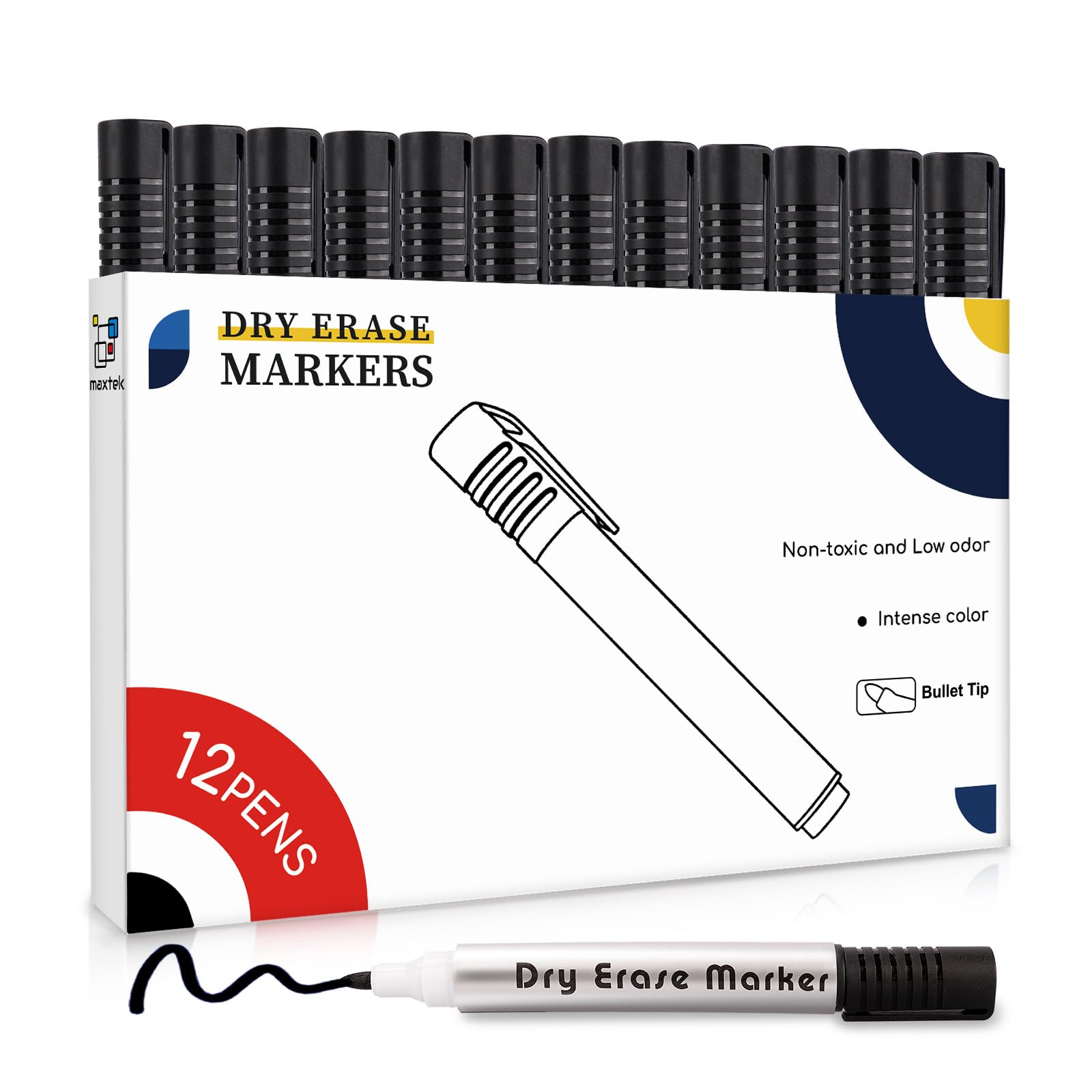 maxtek Whiteboard Markers, Dry Erase Markers, Black, Bullet Tip, for Whiteboards in School or Office, Pack of 12 Global Recycled Standard Global Recycled Standard Global Recycled Standard
