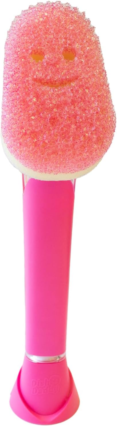 Scrub Daddy Dish Daddy - Brosse Vaisselle avec Réservoir et Éponge Grattante FlexTexture, Manche Intégré, Rose