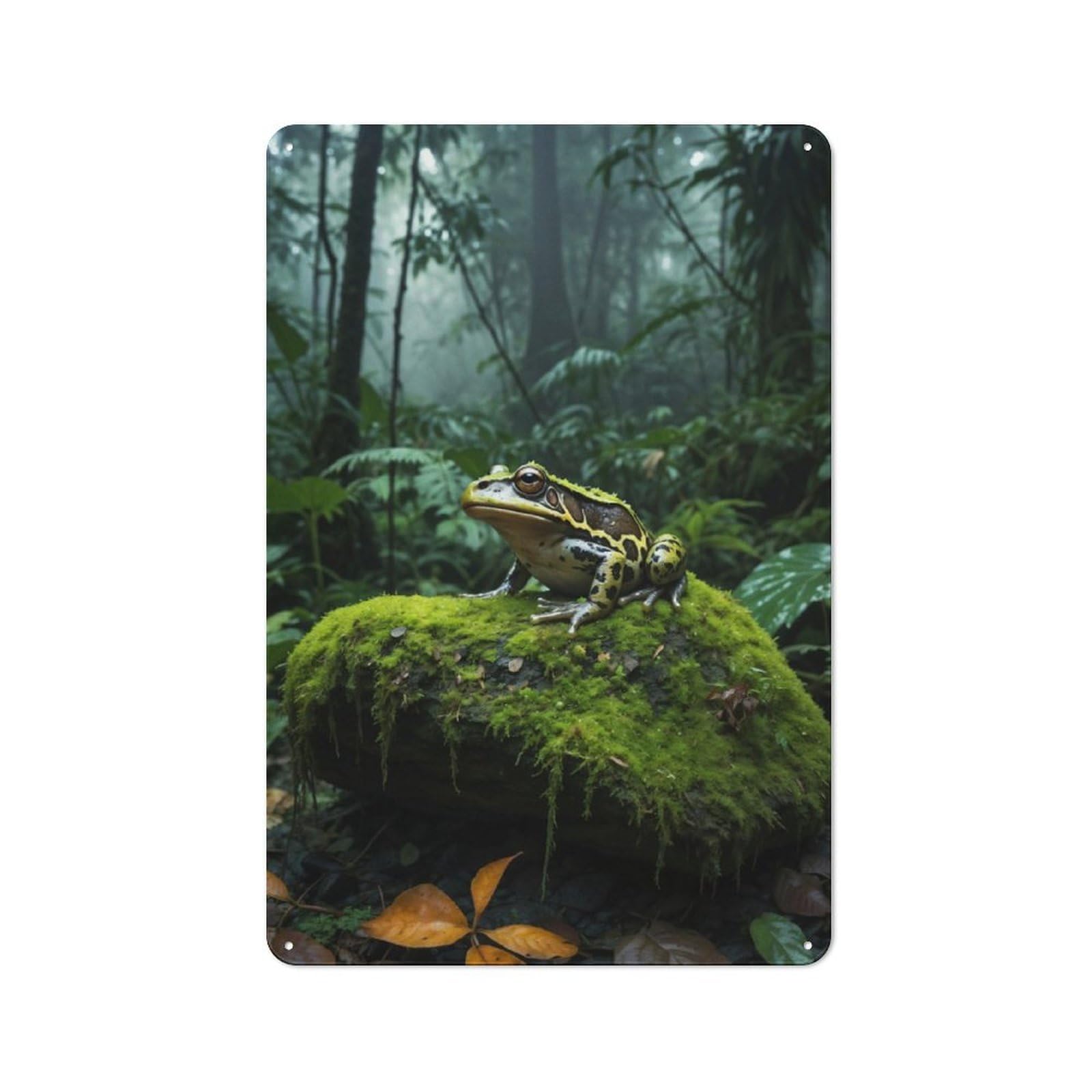 Junmoney Green Frog On Mossy Rock For Garden Room Or Summerhouse, Vintage Tin Sign 30X20cm, A Metal Wall Feature For Garden Rooms And Summerhouses