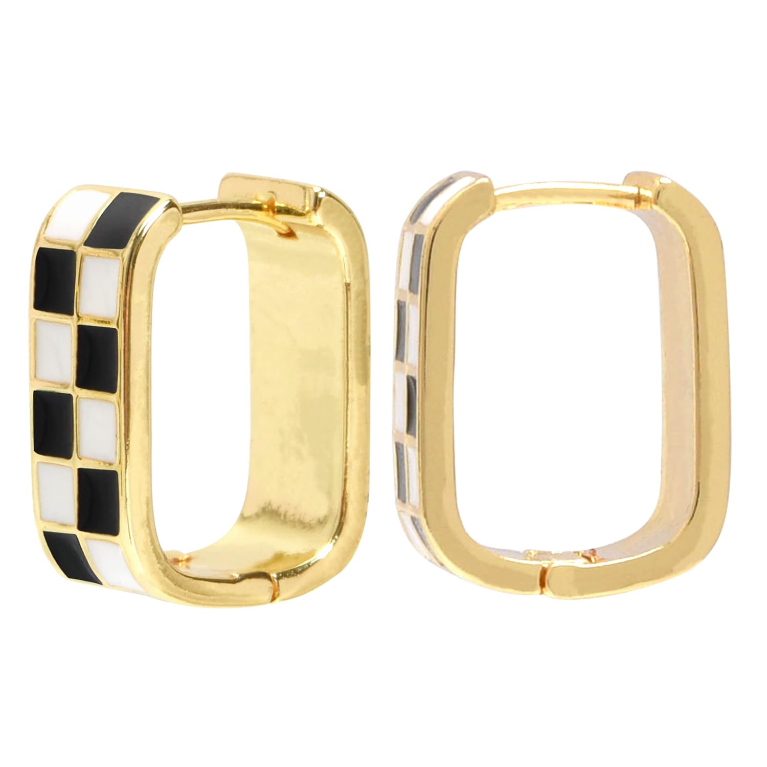Dainty Checkered Hoop Earrings Set,18K Gold Filled Enamel Oval Hoop Earrings,For Women Checker Chunky Oval Hoop Earrings,Hypoallergenic Earrings