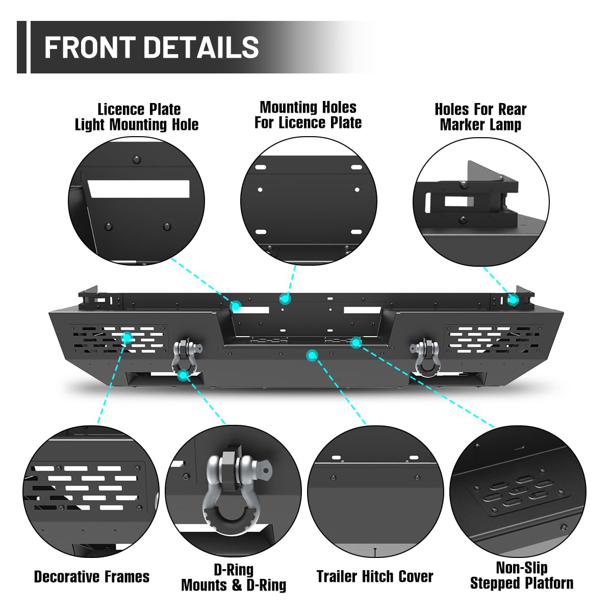 Rear Bumper for 2024 2025 2026 Tesla Cybertruck | Rear Bumper with Non-Slip Stepped PlatformHoles For Factory Tow Hitch & Trailer Plug Mounts & D-Ring and Horn Mounting Hole product thumbnail 7