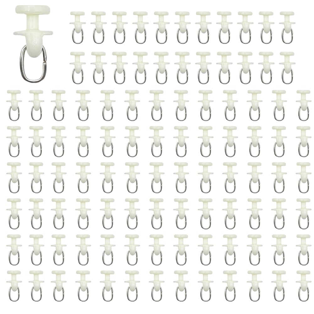 RHQFDM 100 Pack White Curtain Track Gliders, 11mm Plastic Curtain Rail Gliders with Metal Rings, for Caravan, Window, Door & Shower Curtains (No Rollers)