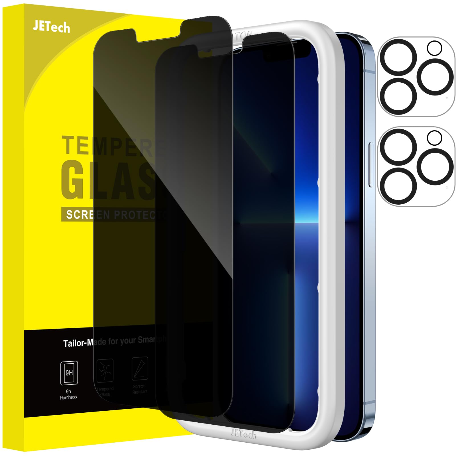 JETech Privacy Screen Protector for iPhone 13 Pro Max 6.7-Inch with Camera Lens Protector, Anti-Spy Tempered Glass Film, Easy Installation Tool, 2-Pack Each