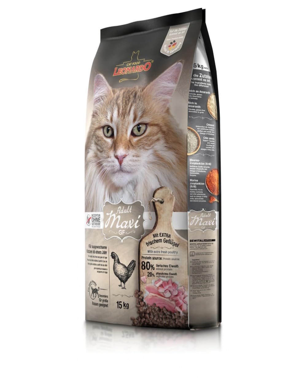Leonardo Adult GF Maxi | Alimento seco sin Cereales para Gatos | Alimento Completo para Gatos Adultos de Todas Las Razas a Partir de 1 año (15 KG)
