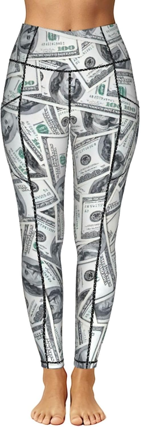 Funny Dollar Money Print Gym Legging with Pocket Yoga Pants for Women High Waisted Sport Running Tights