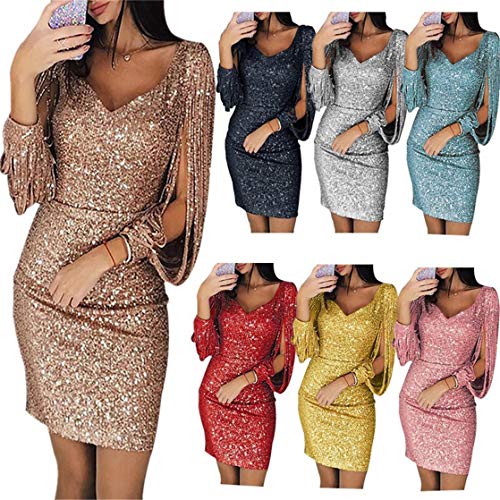 Damesmode Avondjurk Pailletten V-nek Glanzende Kwastje Lange Mouw Slanke Jurk Dames Retro Jurk,Red,S - Image 4