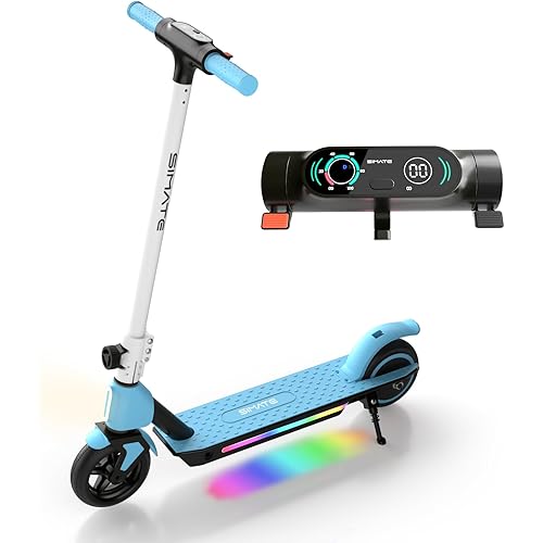 SIMATE Electric Scooter for Kids 6-14, e Kick Scooter with LED Display and Colorful Lights, Adjustable Height and Foldable, Double Brake, Gifts for Kids Girls Boys
