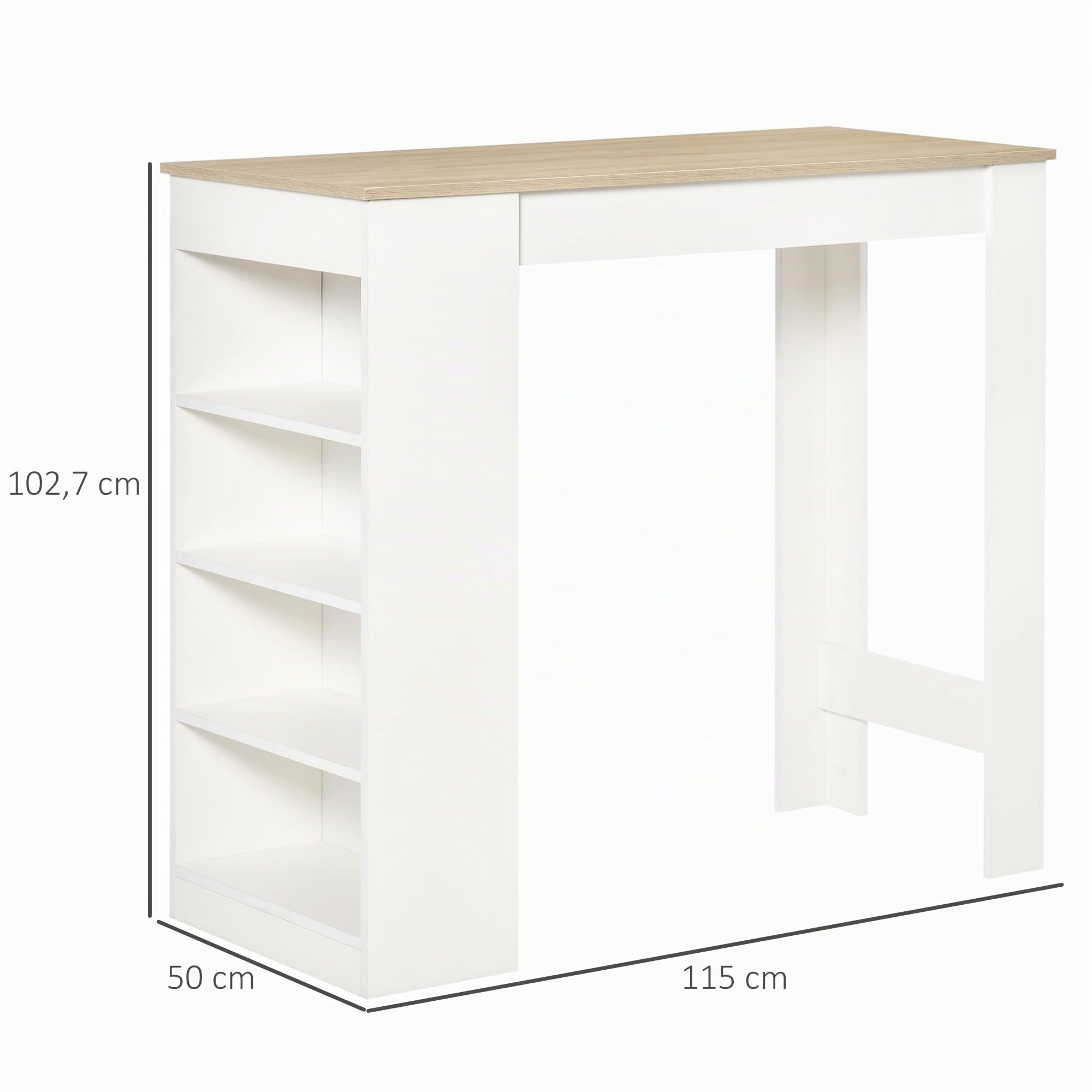 HOMCOM Mesa de bar pour 2 personas, mesa de alta costura debout avec 4 étagères ouvertes, pour petits espaces, cocina, sala de estar, 115 x 50 x 102,7 cm, estilo moderno, blanc et bois naturel