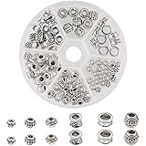 PH PandaHall 約130個/箱 6種 合金 ロンデル スペーサービーズ メタル チベットスタイル オーバルビーズ ラウンド カラム DIY用 クラフト ジュエリー用 アクセサリーパーツ 手作り素材 混合色