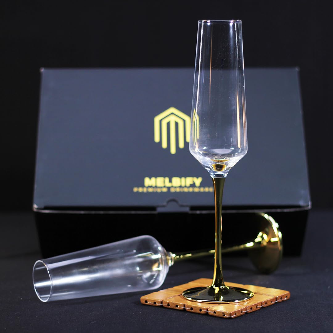 Melbify Gold Stem Champagne Glass | Set of 2 | 300 ml | Imported Wine Glasses | Luxury Wine Glass Set | Fancy Designer Wine Glasses | Unique Gift Pack 3