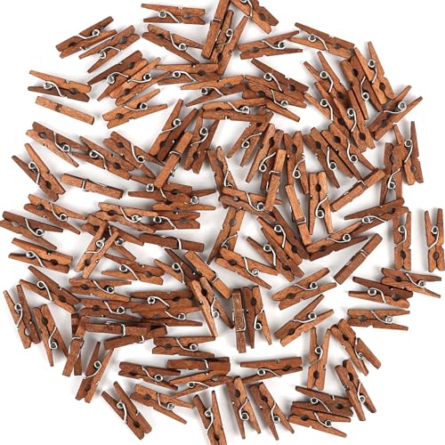 CCINEE Mini Wooden Clothespins 100 Pcs 1 Inch Vintage Brown Small Craft Clothes Pins for Photo Clips Scrap Booking Crafts Hanging Pictures Gift Wrapping