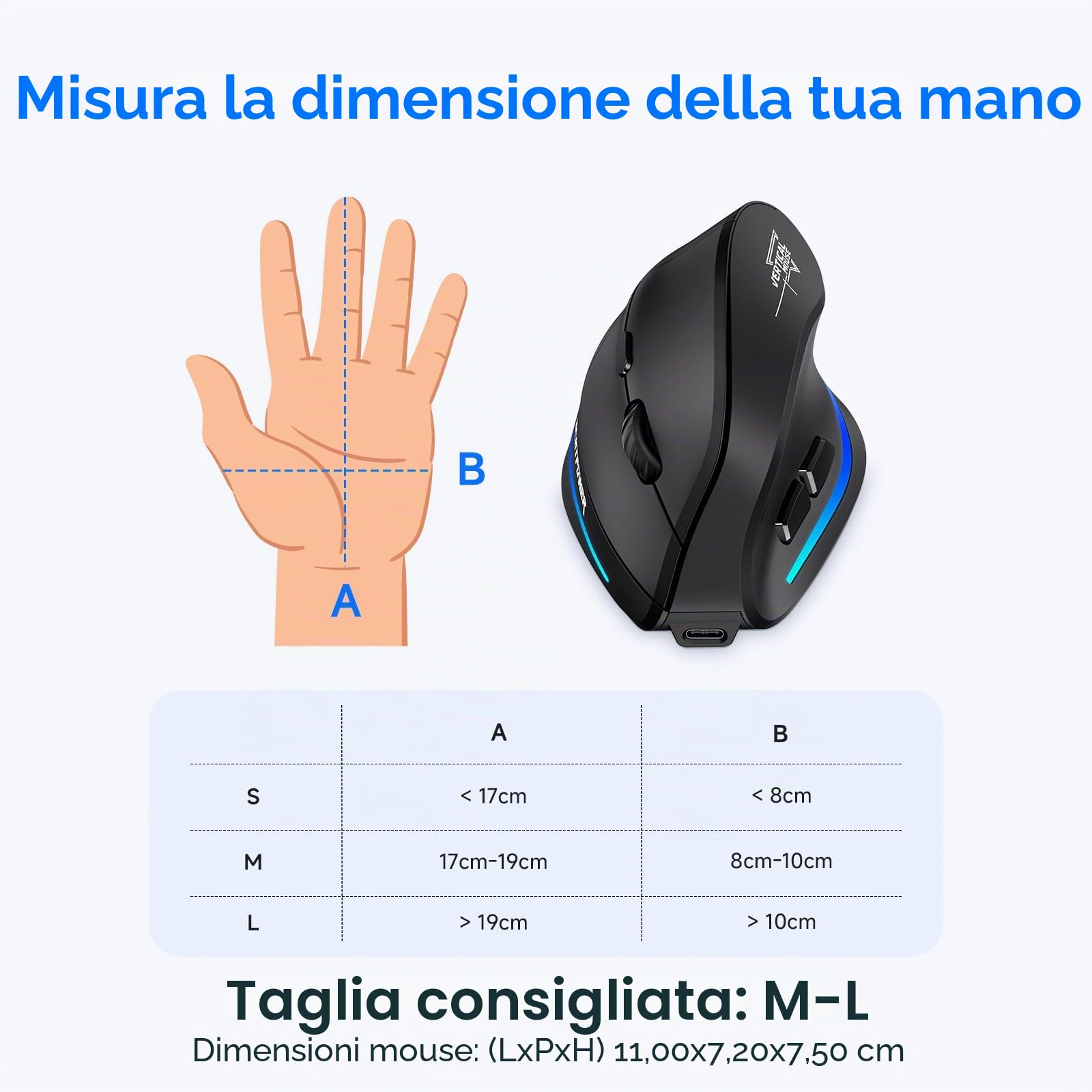 Mouse Verticale Senza Fili 2.4GHz 4800 DPI Ergonomico con LED RGB Type-C