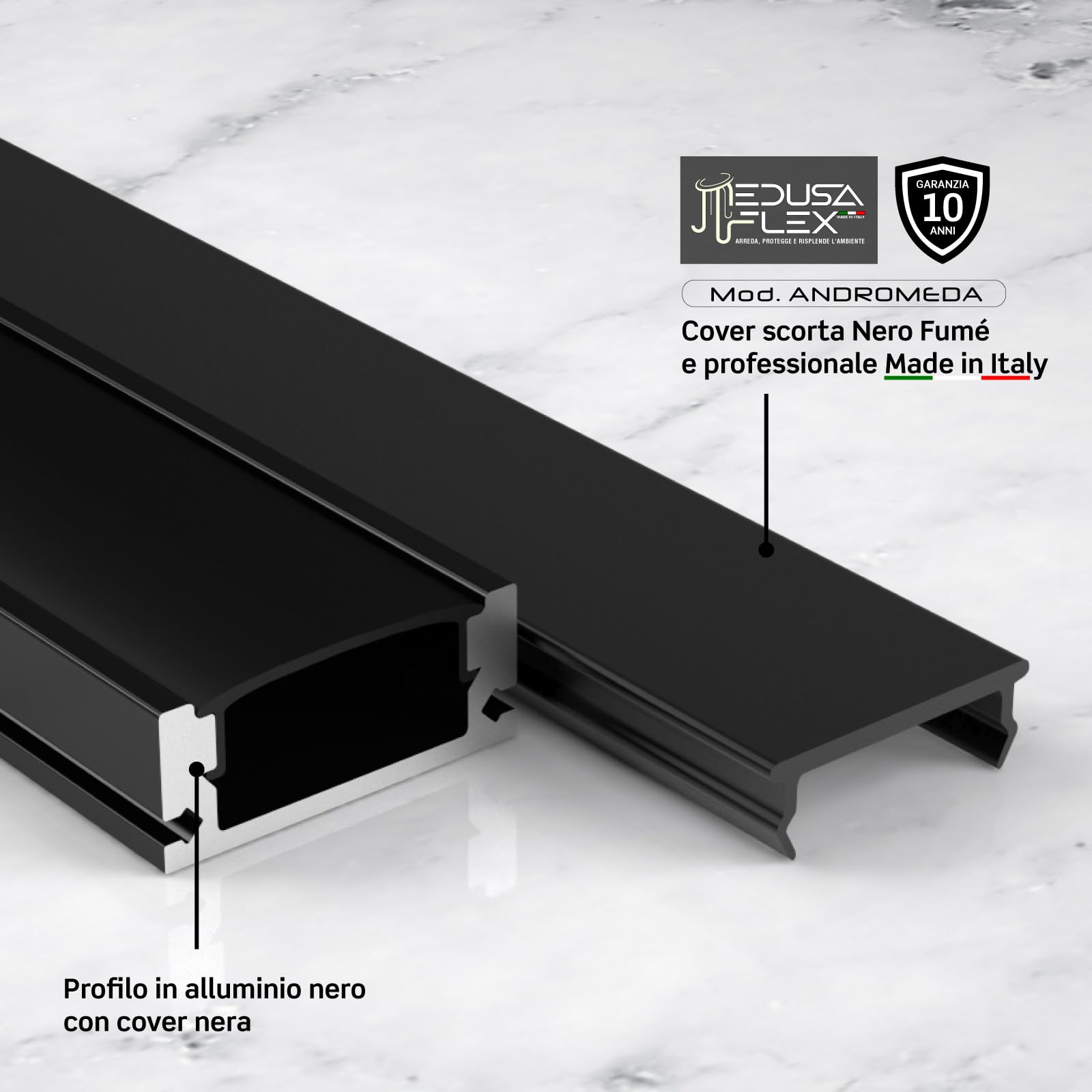 Eurocali Profilo Alluminio per Strisce LED Nero con copertura Professionale Nera Made in Italy MedusaFlex in Policarbonato - Pacco da 10 pezzi (20m) - 2000 x 17.4 x 7mm - Cover standard nera inclusa