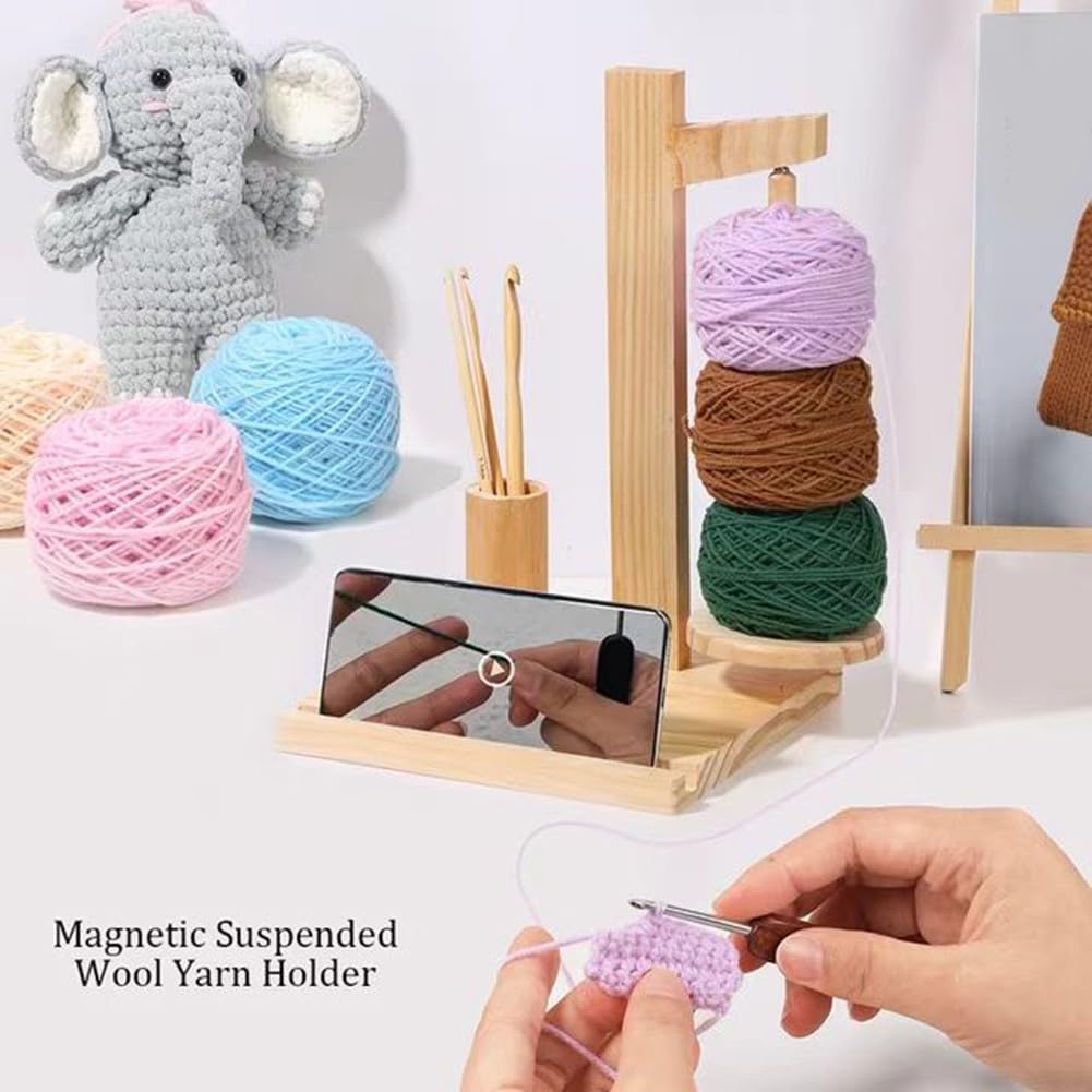 Wooden Yarn Spool Rack, Yarn Holder for Crocheting, Wooden Yarn Holder Phone Stand, Wooden Yarn Holder for Crocheting and Knitting, Gifts for Cochet Lovers(Brown)