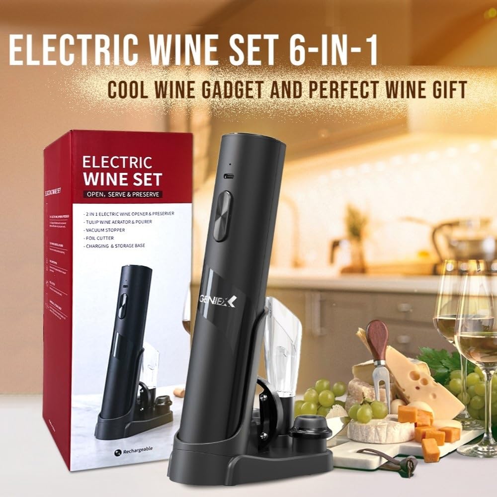 Abridor de vino eléctrico 6 en 1 con base de carga, parte inferior de sacacorchos automático + tapa automática de ahorro de vino | Regalo perfecto para vino