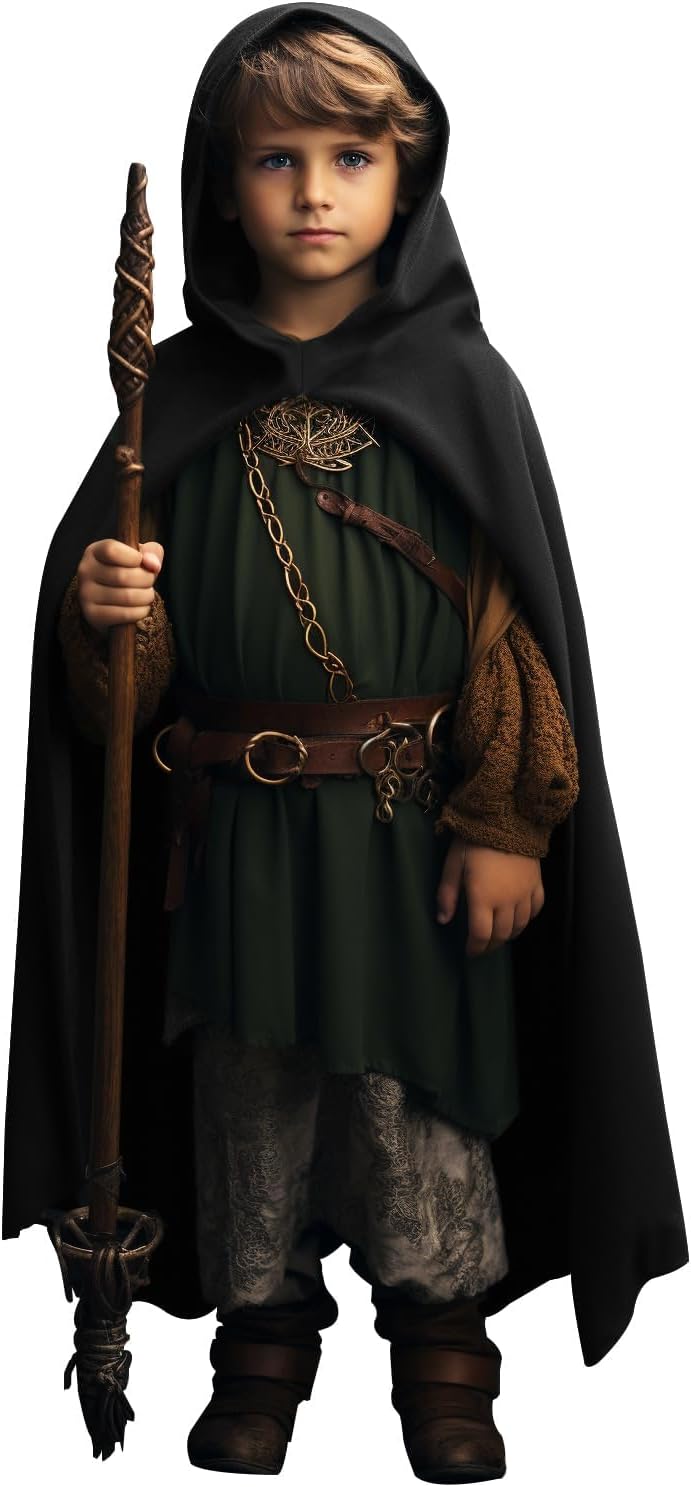 VZQI Green Renaissance Costume for Boys - Kids Medieval Cloak With Hood Halloween Ranger Wizard Elven Hooded Cape Robe