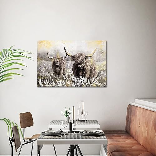 Miniatura 3 de Derkymo Lienzo decorativo para pared, diseño de vaca de las montañas, arte de animales de granja, decoración de granja enmarcada fácil de colgar, 24