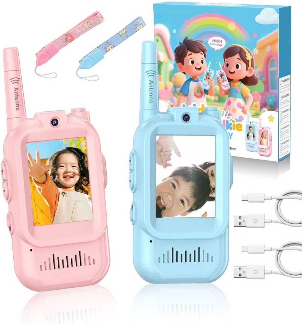 Video Walkie Talkies for Kids, 2 Pack, 400meter Long Range，Voice Changer ，Rechargeable，for Outdoor Backyard Camping Games,Christmas Birthday Gifts for Boys & Girls Ages 3-12 (Pink+Bule)
