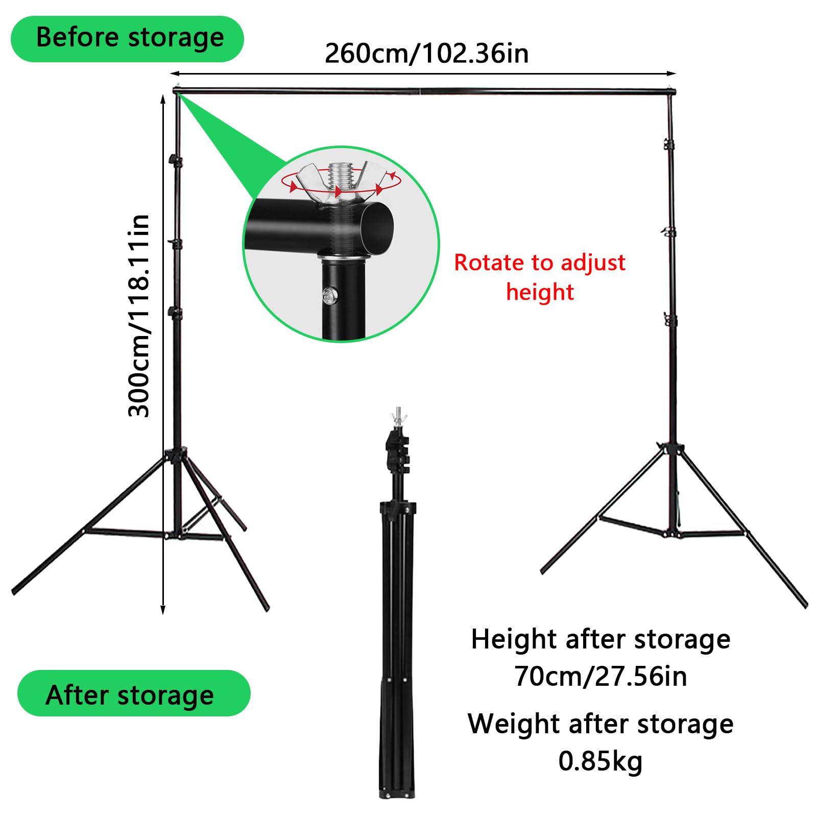 Greenscreen mit Ständer, 3m x 3m Fotohintergrund Green Screen Hintergründe für Fotostudios mit 2,6m x 3m Hintergrund Ständer und 4 Klemmen für Fotoshooting Streaming Gaming Video
