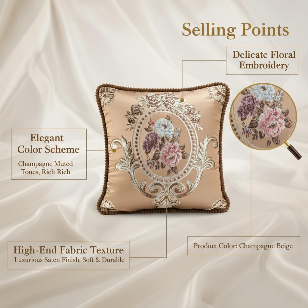 Modern Embroidered Floral Pillow Covers 18.8x18.8 Set of 2 - Decorative Soft Polyester Cushion Case with Hidden Zipper - Chic CoffeeThrow Pillow Covers for Sofa, Bedroom, Living Room Decor