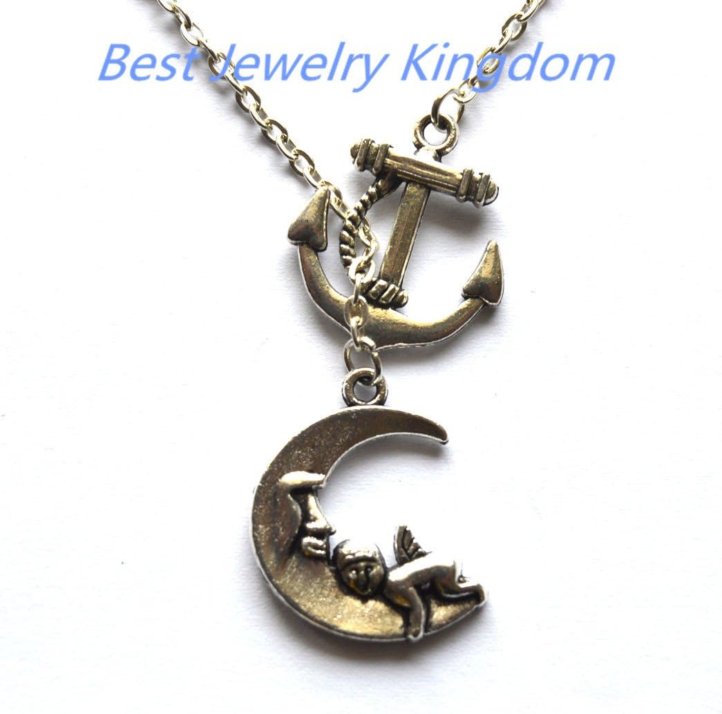 Silver Anchor Necklace,Sea Necklace,Nautical Necklace,Moon Necklace Man in The Moon Jewelry Cherub Necklace Silver Moon Charm Necklace Moon Pendant Baby Angel Necklace Angel Jewelry