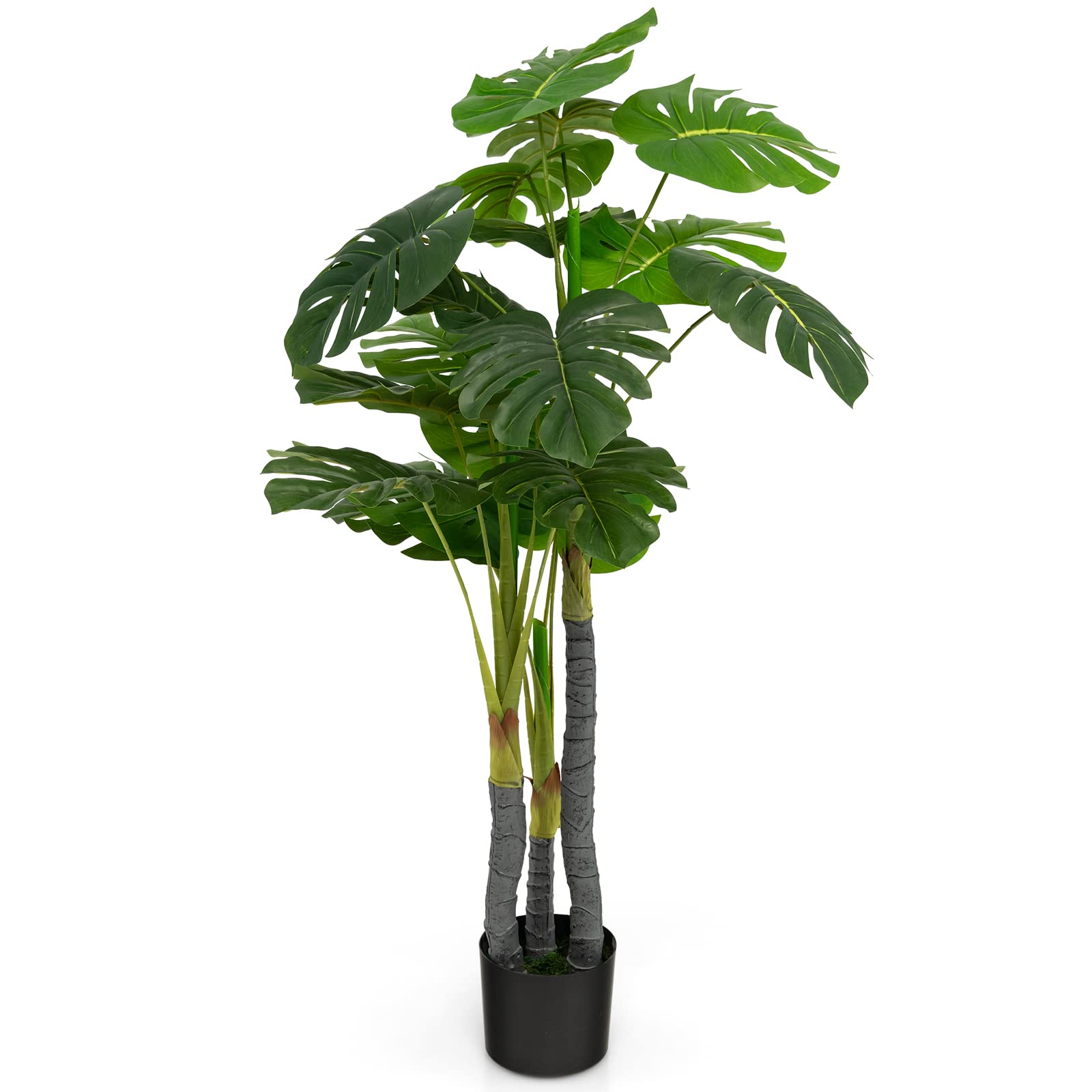 GOPLUS Sztuczne drzewko monstera o wysokości 120 cm, sztuczna roślina Monstera Deliciosa z 20 dużymi liśćmi, 3 pniami i realistycznym mchem, zawsze zielona sztuczna roślina z doniczką do wewnątrz i na zewnątrz