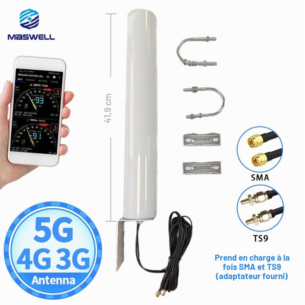 Maswell Antenne Externe 4G 5G, 2X2 MIMO 700-6000MHz, jusqu'à 4,5 dBi LTE 5G NR 5GA, Antenne Externe avec Connecteur SMA et Adaptateurs TS9 RP-SMA