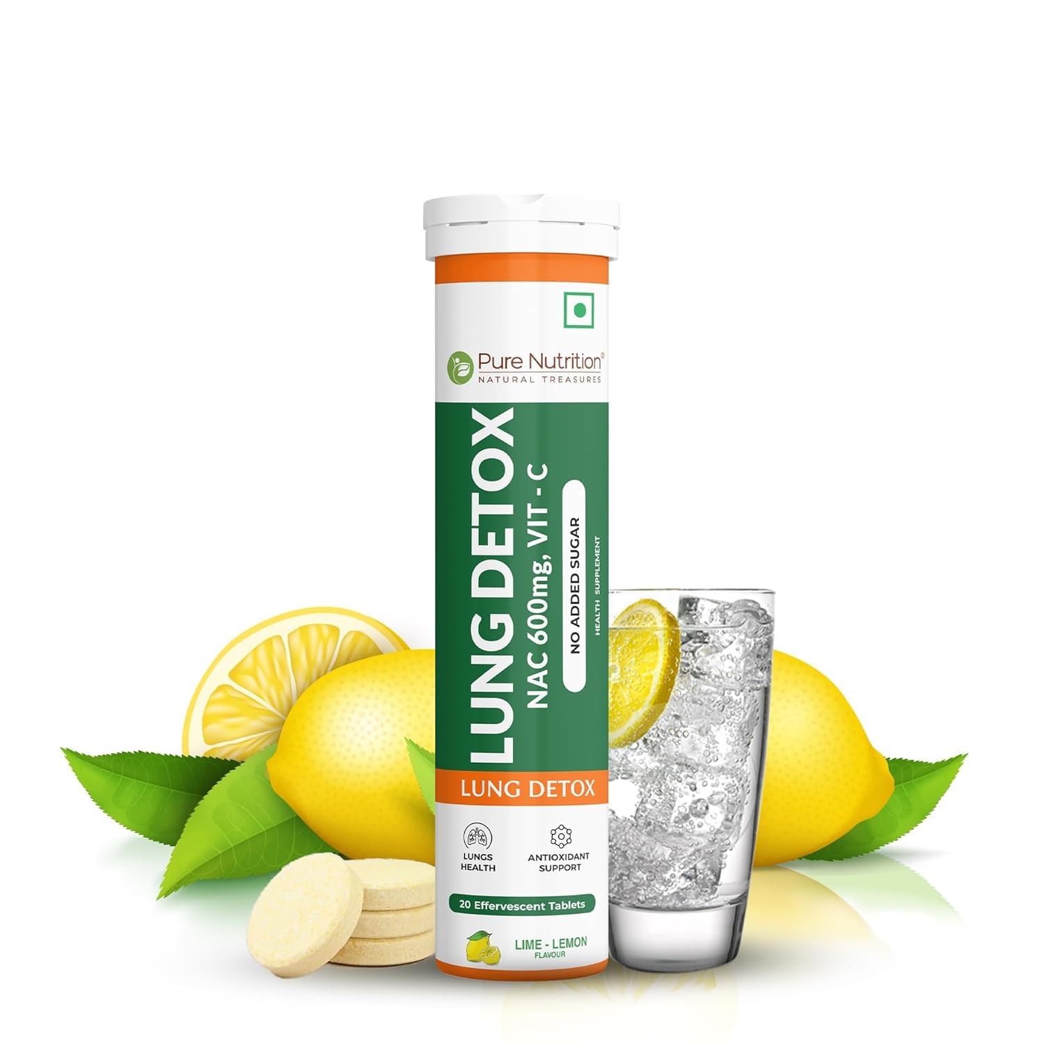 PURE NUTRITION NATURAL TREASURES Lung Detox 20 Effervescent Tablets (Lemon Flavor) With N-Acetylcysteine 600 Mg And Vitamin C |Removes Tar & Support Respiratory Health