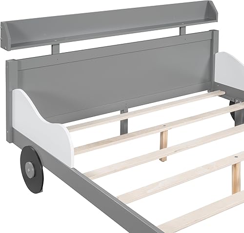 Miniatura 25 de Cama individual de automóvil para niños pequeños con estantes de almacenamiento, marco de cama baja de madera para niños, color blanco