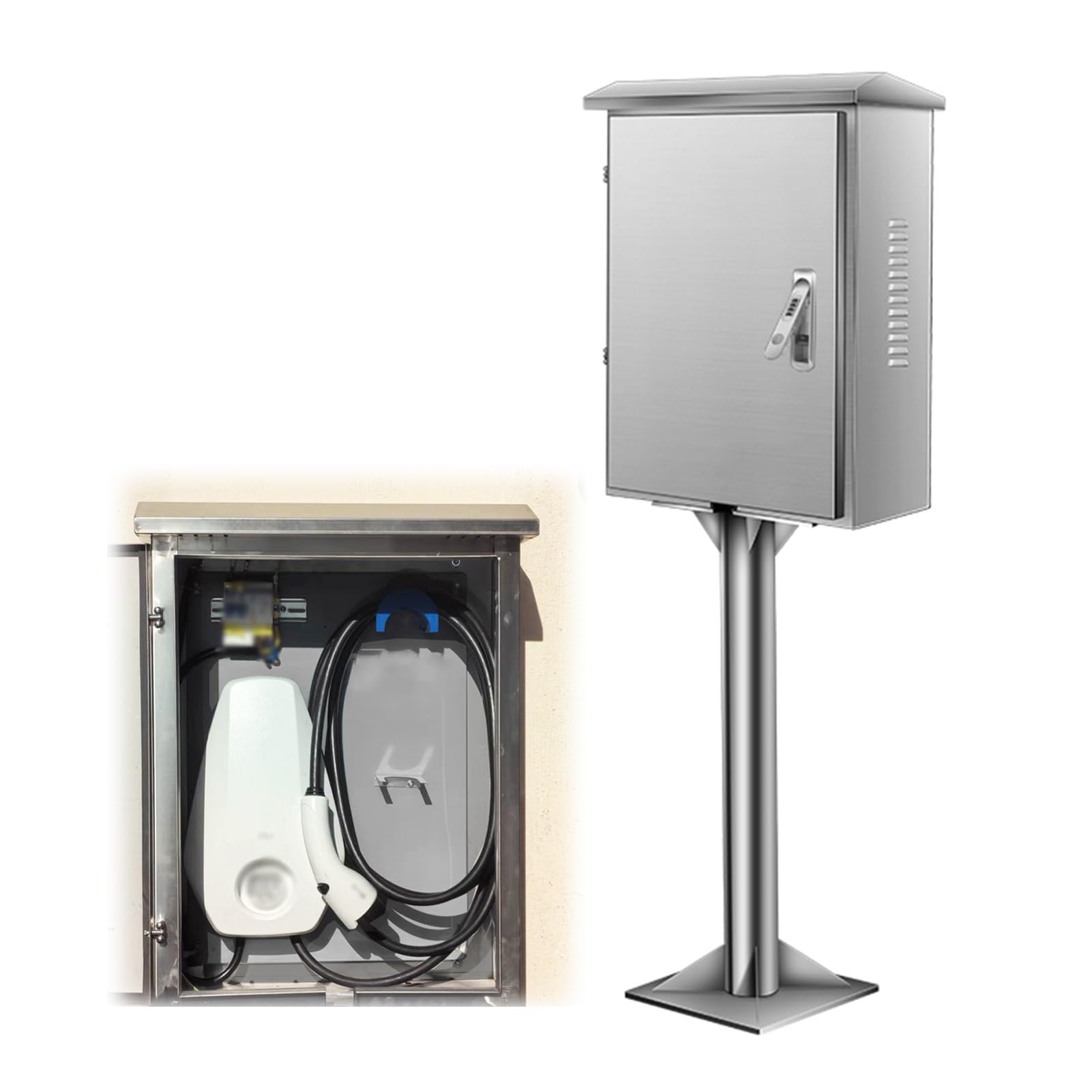 Pedestal de carga para vehículos eléctricos con gancho para cable, color plata, caja protectora para carga de coches eléctricos, cerrojo para estación de carga de vehículos eléctricos para uso en in